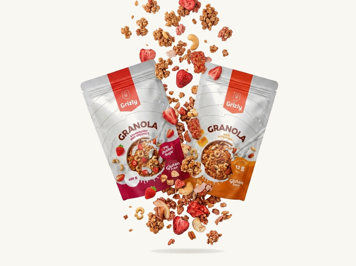 spadająca granola i truskawki
