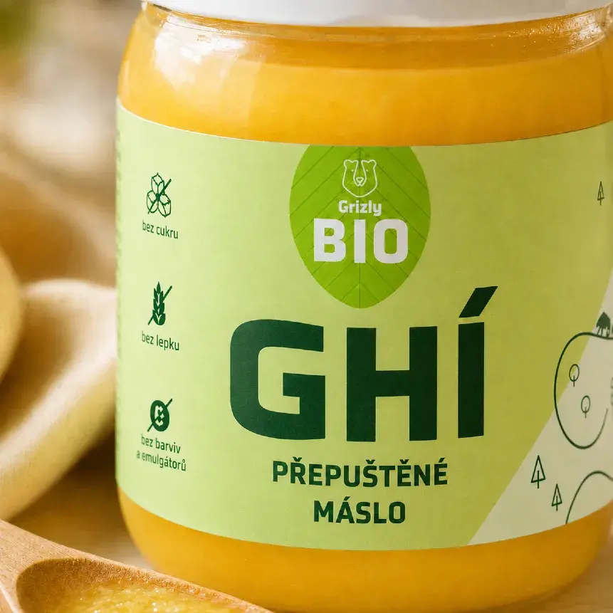Szczegół opakowania masła klarowanego GRIZLY Ghee z oznaczeniem BIO