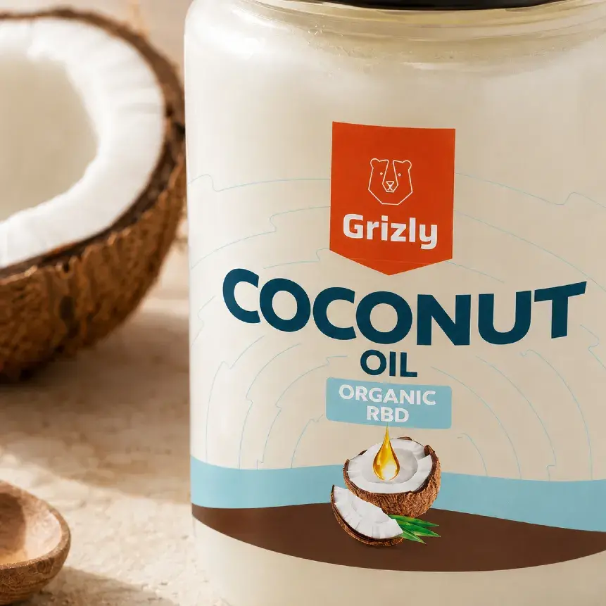 Szczegół opakowania oleju kokosowego GRIZLY z oznaczeniem Organic