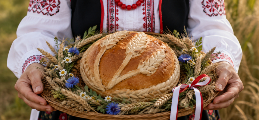 Kobieta w stroji ludowym trzymająca chleb dożynkowy