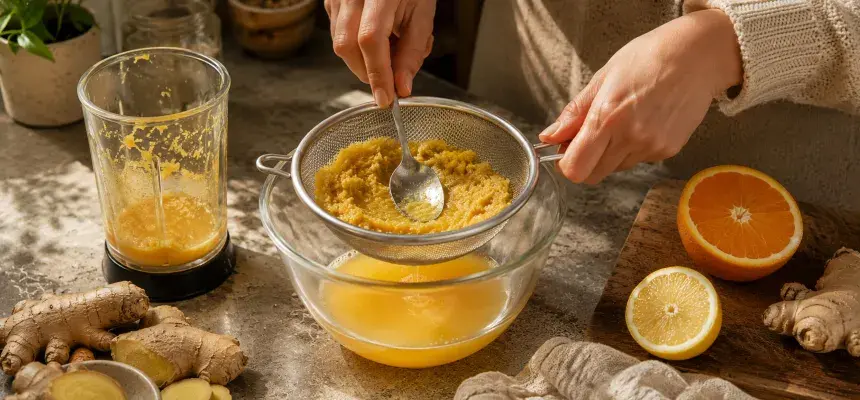 Przecedzanie domowego ginger shotu z imbiru i cytrusów