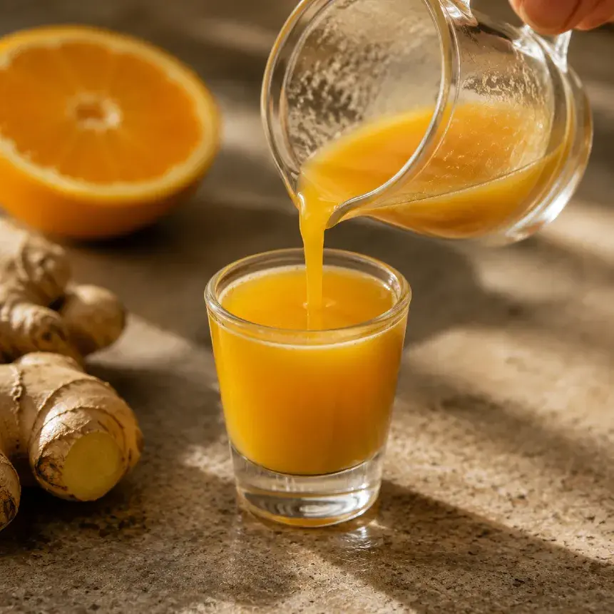 Nalewanie gotowego ginger shotu do małego kieliszka
