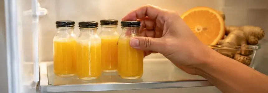 Domowe ginger shoty przygotowane w małych buteleczkach w lodówce