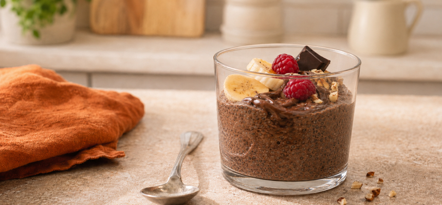 Czekoladowy pudding chia z bananem, malinami, orzechami i czekoladą.