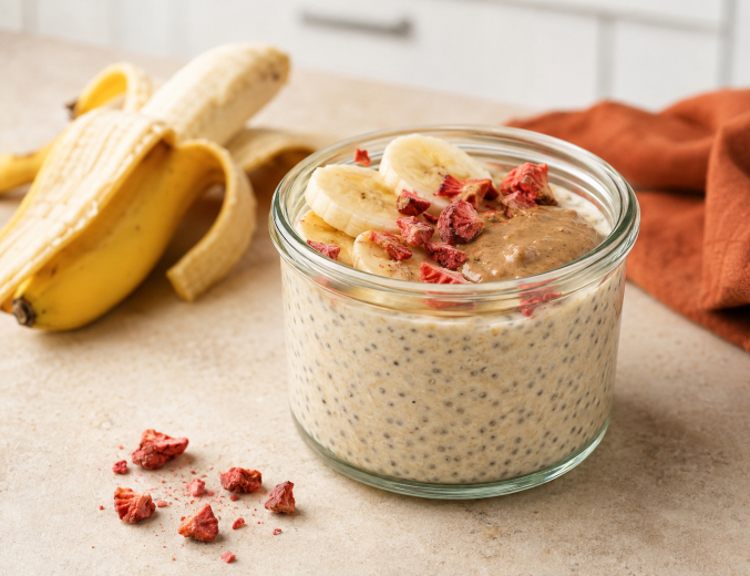 Pudding chia z bananem, masłem migdałowym i liofilizowanymi truskawkami.