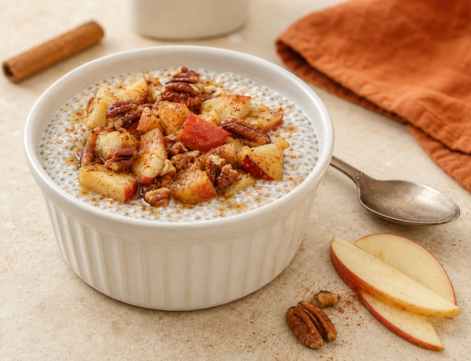 Pudding chia z duszonym jabłkiem, orzechami pekan i cynamonem.