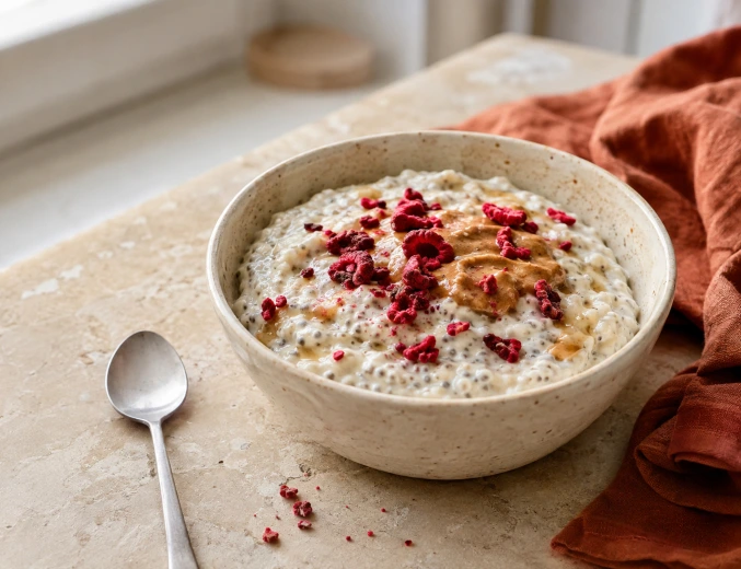 Pudding chia z twarogiem, masłem orzechowym i liofilizowanymi malinami.