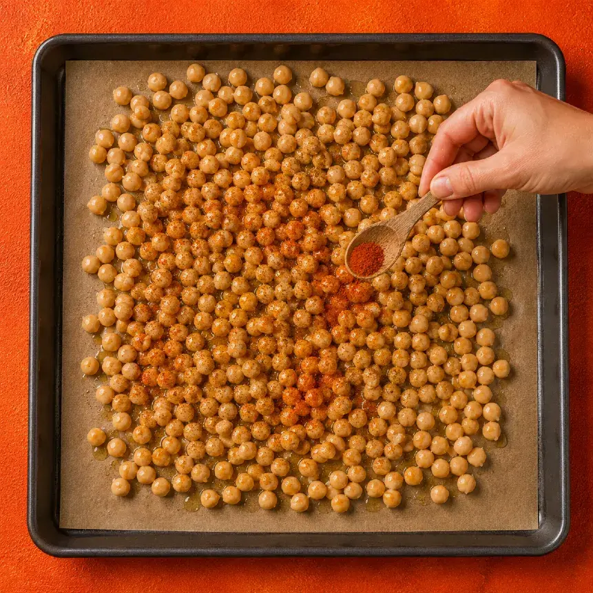 Pieczona ciecierzyca na blasze podczas przygotowywania przepisu plant-based
