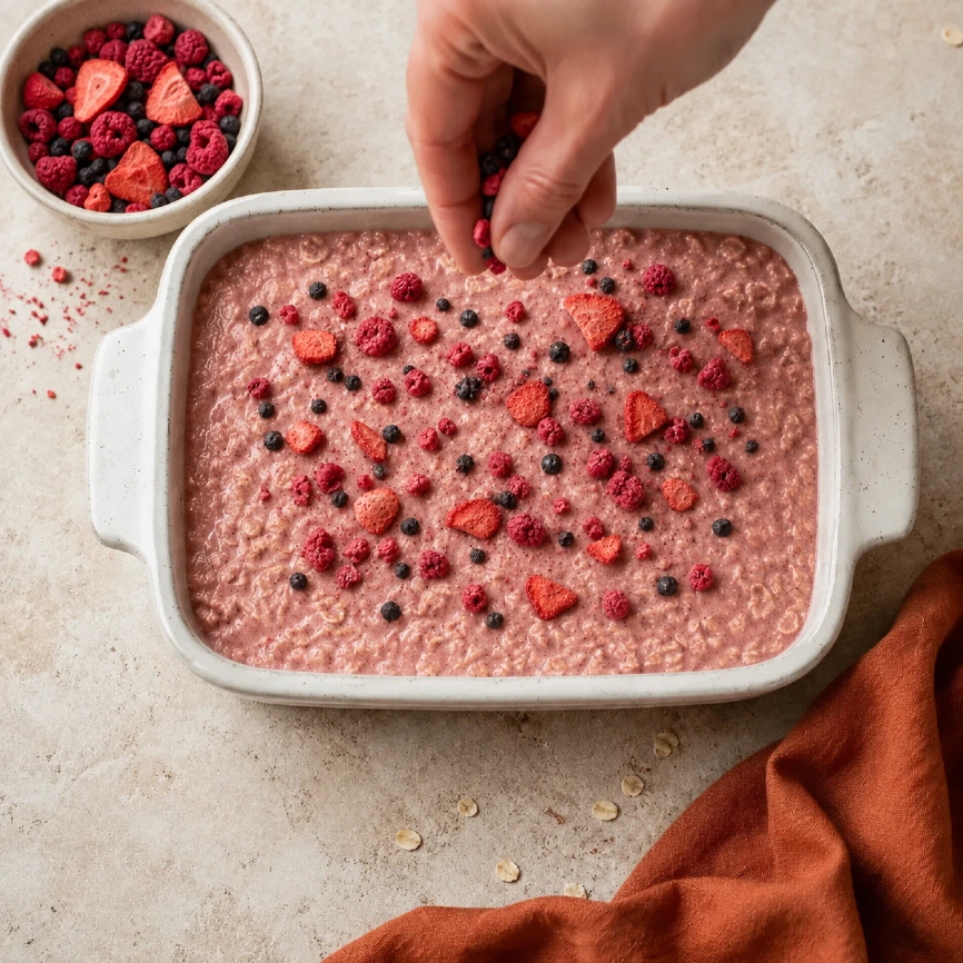 Przygotowanie owocowych baked oats z liofilizowanymi truskawkami, malinami i borówkami