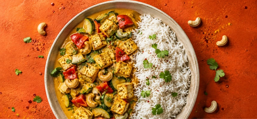 Słone danie plant-based z ryżem, warzywami i ziołami
