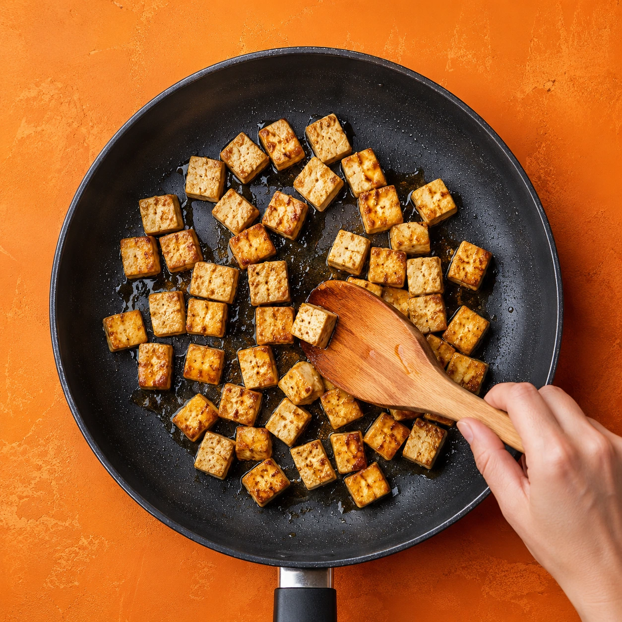 Smażenie tofu na patelni podczas przygotowywania plant-based przepisu