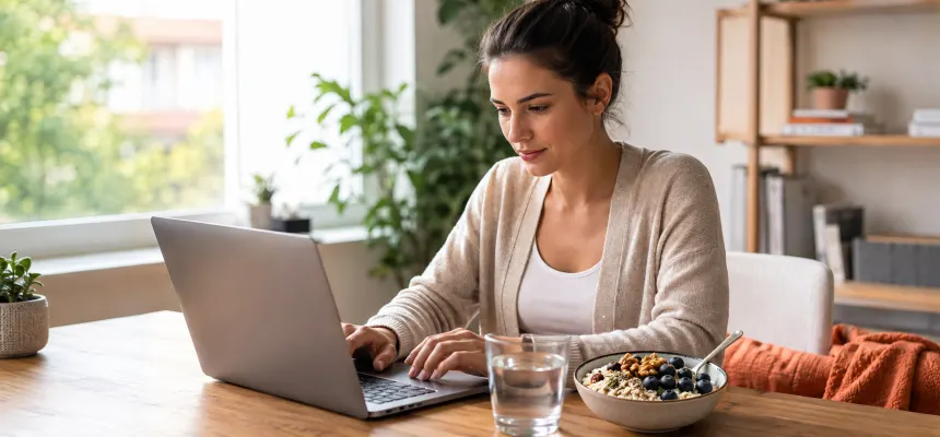Kobieta pracuje na laptopie, obok którego ma owsiankę z owocami i orzechami oraz szklankę wody.