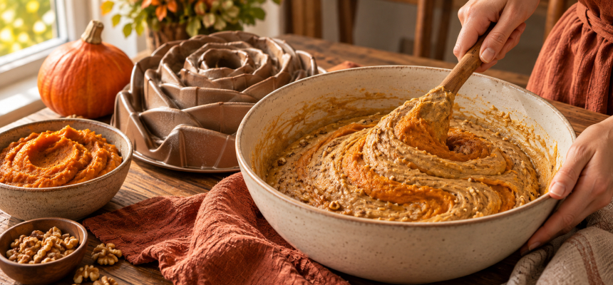 Mieszanie ciasta na babkę dyniową z puree z dyni
