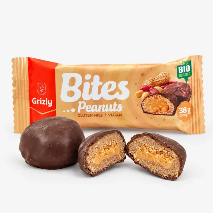 BITES Mini batoniki nadziewane orzeszkami ziemnymi w gorzkiej czekoladzie BIO (2x19 g)