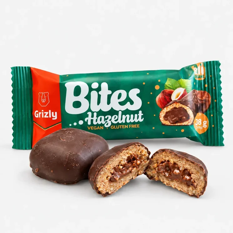 BITES Nadziewane mini batoniki z orzechów laskowych w gorzkiej czekoladzie BIO (2x19 g)