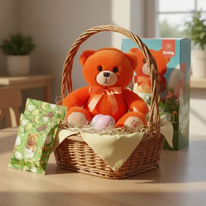 Dziecięcy zestaw wielkanocny z pluszowym misiem i smakołykami