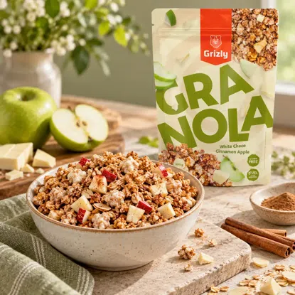 Granola z białą czekoladą, cynamonem i jabłkiem
