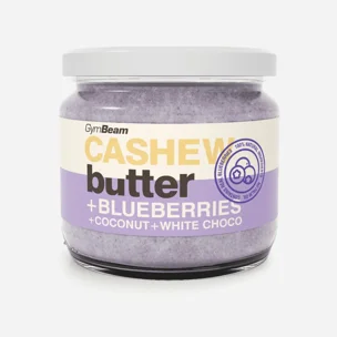 Kešu máslo s kokosem, bílou čokoládou a borůvkami