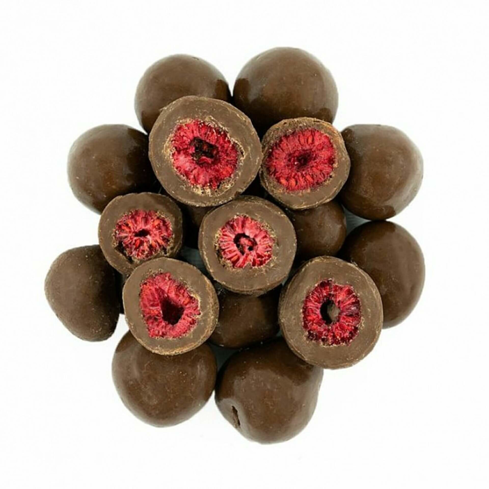 Liofilizowane maliny w mlecznej czekoladzie
