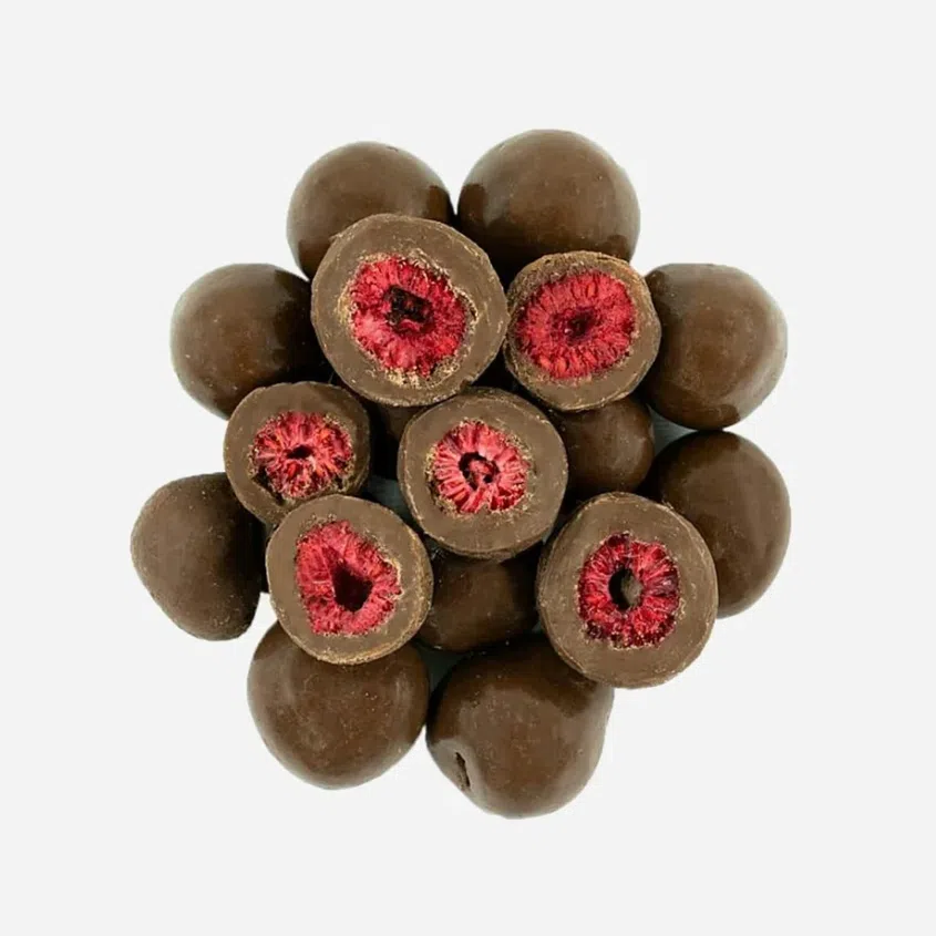 Liofilizowane maliny w mlecznej czekoladzie