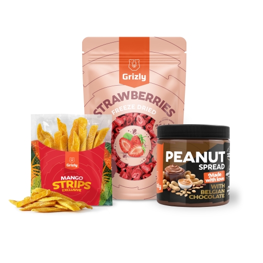 Mango strips + Krem orzechowy czekoladowy + Truskawki xxl